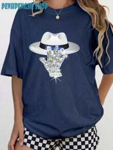 Women's Oversized Printed T-Shirt "The King Of Pop" Jackson, Concert Wear, Women's Printed T-Shirts, Beach Vacation Wear, Women's Summer Wear, Country Concert Wear, Women's Brunch Wear - 藏蓝色 - 查看 6