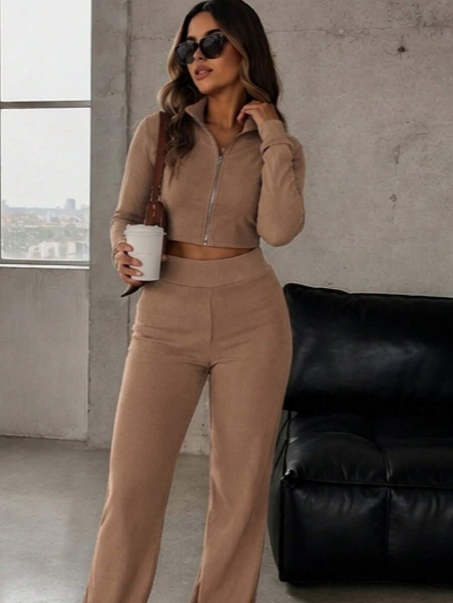 Women's Ribbed Knit Set - Foreign Fashion Style - High-Waisted Pants And Cropped Top With Zipper And Long Sleeves - Thick, Non-See-Through Fabric - Apricot - View 1