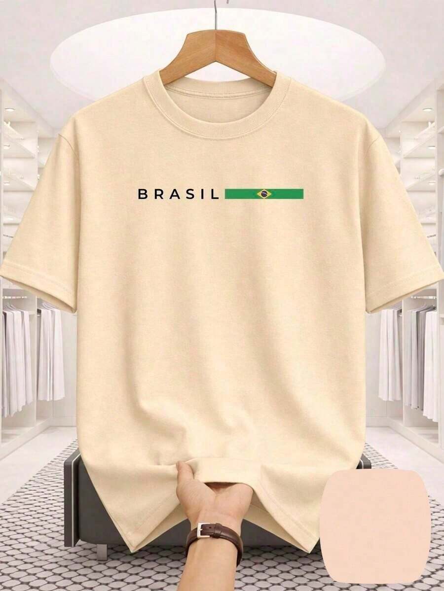 Brazil Unisex Minimalist T-Shirt With National Team Flag Design, 100% Cotton. Premium 100% Cotton. Comfortable And Casual. - 米白色 - 查看 1