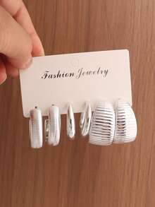 6-18 piezas Pendientes aro con colgante de textura geométrica, estilo bohemio de moda, adecuado como regalo para familiares y amigos en vacaciones (empaque de tarjeta de papel) - Plateado - Ver 4