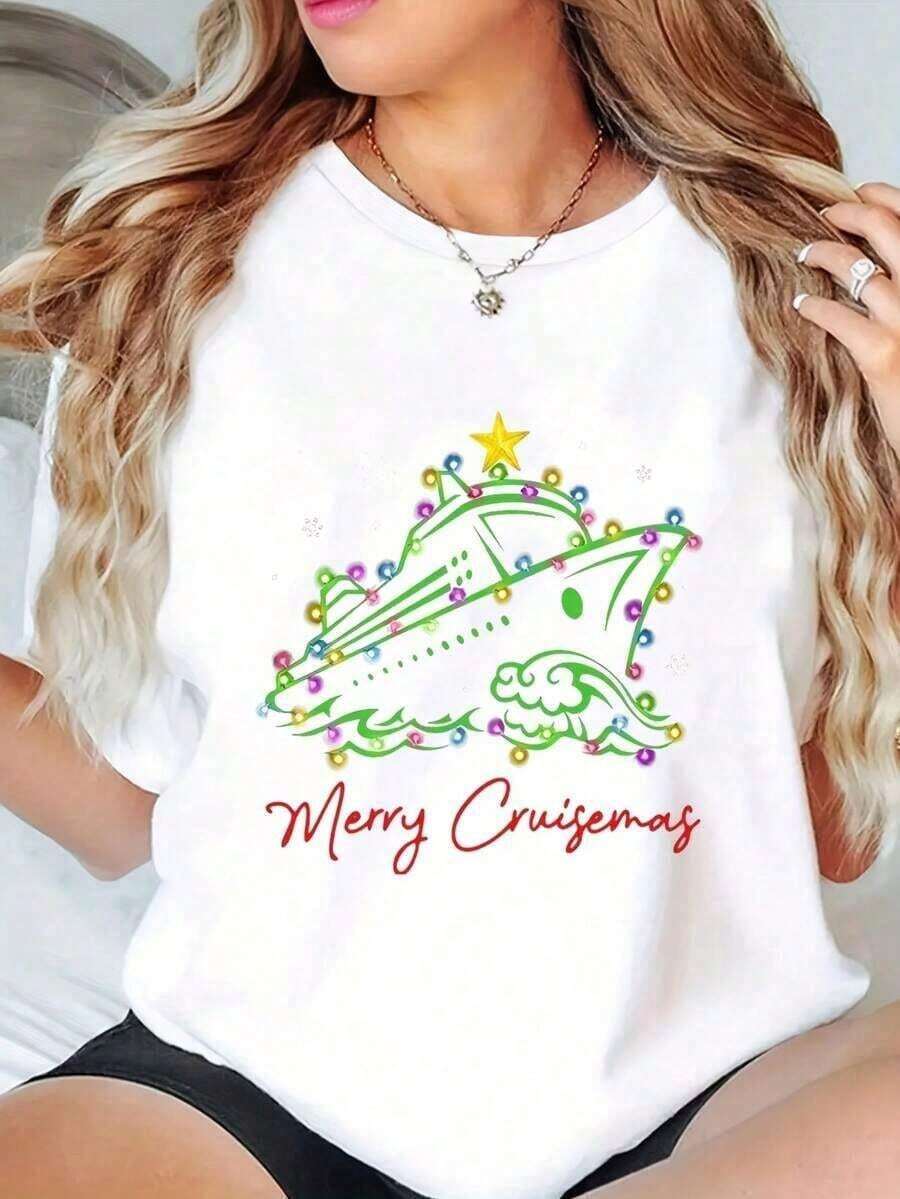 100% Cotton Summer Tops With Christmas Lights Print Plus Size Graphic T-Shirts Seasonal Fashion Soft Women's Simple Solid Color T-Shirt, Loose And Slim Fit Casual Short Sleeve - 白色的 - 查看 1