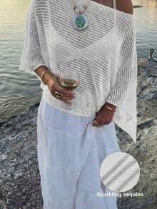 Elegante top de mujer de primavera/verano, de punto rosa, con cuello redondo, sólido, semitransparente, con capucha y detalles de lentejuelas calados, para uso casual, vacaciones y playa - Blanco - Ver 1