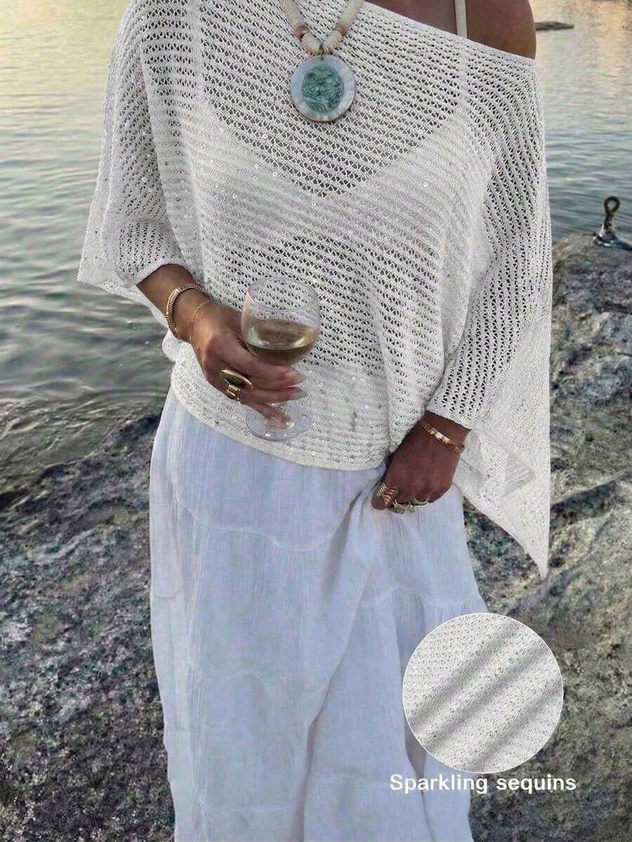 Elegante top de mujer de primavera/verano, de punto rosa, con cuello redondo, sólido, semitransparente, con capucha y detalles de lentejuelas calados, para uso casual, vacaciones y playa - Blanco - Ver 1