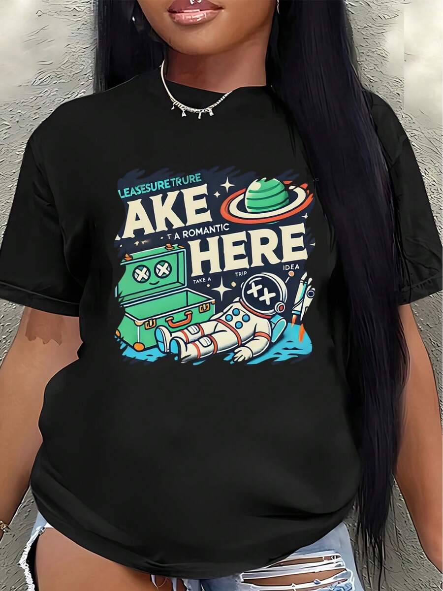 Polyester Short-Sleeved T-Shirt With A Fun Space-Themed Design. Lightweight And Durable, Suitable For Casual Wear At Home, In The Office, Or At A Restaurant, Offering Both Everyday Comfort And Style. Women's Blouses > Clothing - 黑色 - 查看 1