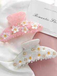 1Pc Sakura Rhinestone Hair Claw Clip Set, Pastel Floral Embellished Acrylic Jaw Clips, Elegant Hair Catch For Women & Bridal - Multicolor - View 1
