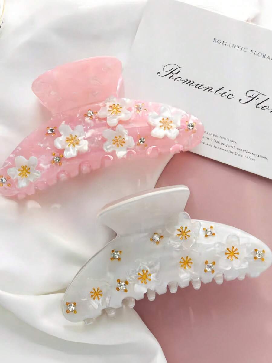 1Pc Sakura Rhinestone Hair Claw Clip Set, Pastel Floral Embellished Acrylic Jaw Clips, Elegant Hair Catch For Women & Bridal - Multicolor - View 1