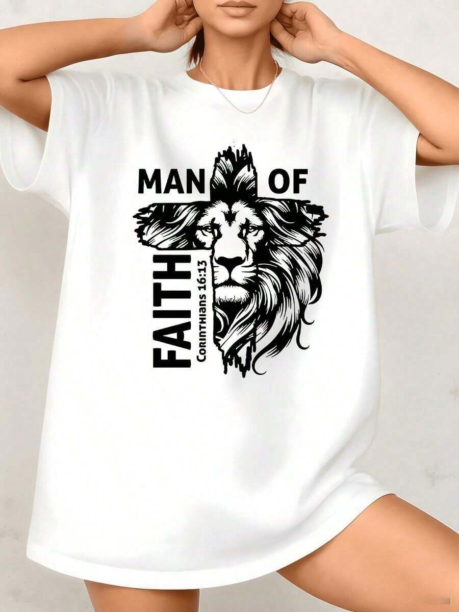 Women's T-Shirt With Lion Graphic Print, Bible Verse 'Man Of Faith', 100% Cotton, Crew Neck, Casual Style, 1 Piece. Excellent Gifts For Friends And Family. - 白色 - 查看 1