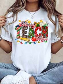Women's Casual Crew Neck T-Shirt With "Merry Teachmas" Print, Short Sleeve, Christmas Gift For Teachers And Educators, Fashion - 白色 - 查看 1