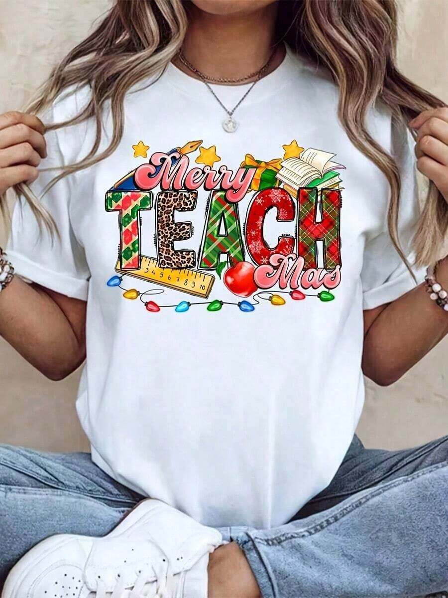 Women's Casual Crew Neck T-Shirt With "Merry Teachmas" Print, Short Sleeve, Christmas Gift For Teachers And Educators, Fashion - 白色 - 查看 1