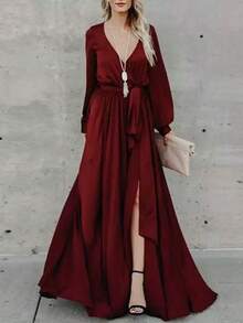 Long, Plain Dress With A Deep V-Neck, New Season European Style, Elegant, Best-Selling Women's Party Dress. - 紅色 - 查看 6