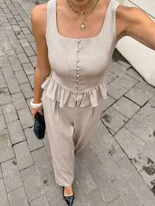 Conjunto de 2 piezas para mujer: top con chaleco con volantes y botones de unicolor y pantalones largos - Negro - Ver 6