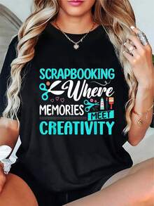 1 camiseta casual de cuello redondo para mujer, hecha de 100% tela, con elasticidad media, diseño con estampado de letras, perfecta para scrapbooking, combinando memoria y creatividad, transpirable y absorbente de sudor, adecuada para todas las estaciones. - Negro - Ver 1