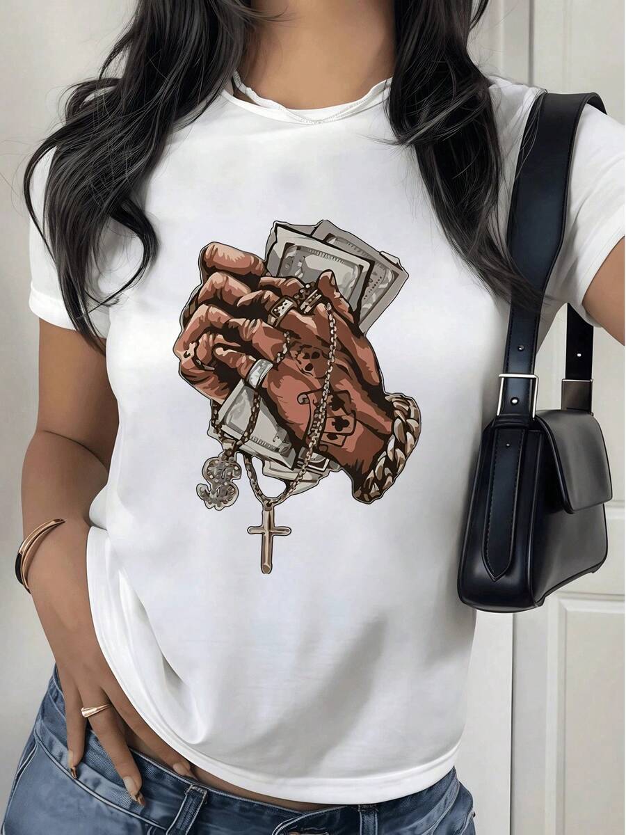 Fashionable Women's T-Shirt, Printed T-Shirt For Women, Design Of Hands With Banknotes, Jewelry And Crucifix. Casual And Modern Style. 100% Soft And Comfortable Cotton. Ideal For Everyday Wear. - 白色 - 查看 1