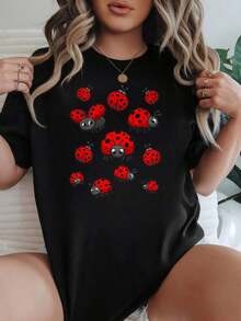 Women's Casual Loose Fit Shirt, Available In Black And White, Printed Design, Summer T-Shirts For Everyday Wear, Summer Tops, Graphic Tees, Women's Summer Sets, Women's Crop Tops, Casual Blouses For Ladies - 黑色 - 查看 1