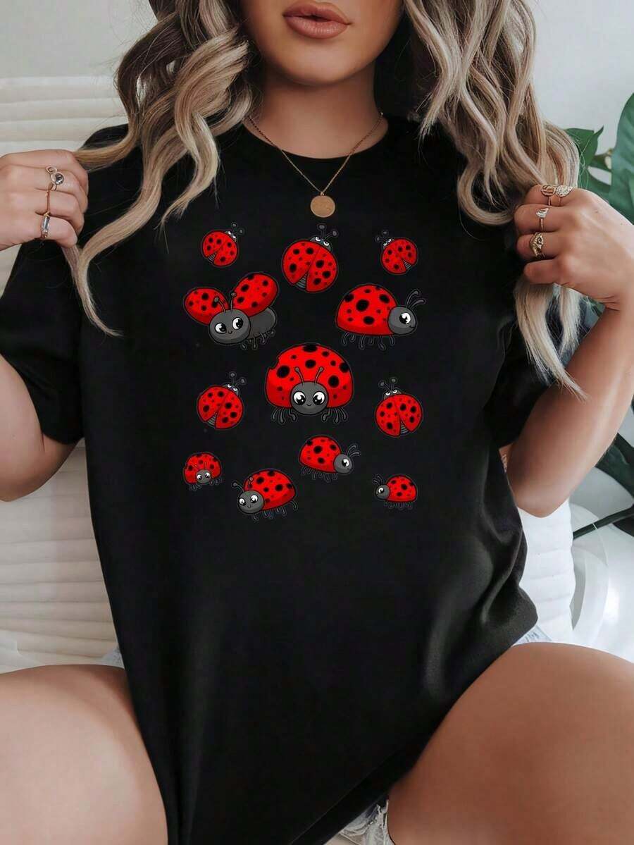 Women's Casual Loose Fit Shirt, Available In Black And White, Printed Design, Summer T-Shirts For Everyday Wear, Summer Tops, Graphic Tees, Women's Summer Sets, Women's Crop Tops, Casual Blouses For Ladies - 黑色 - 查看 1