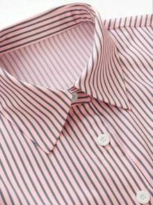 Conjunto de 2 piezas de camisa de manga corta a rayas y falda plisada de estilo casual de verano - Rosa - Ver 5