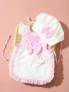 Disfraz de Chef Bordado en Rosa Bebé para Fotografía, Conjunto de Gorro de Chef con Lazo & Delantal, Atuendo de Accesorio Fotográfico Unisex para Bebé/Niño Pequeño - blanco rosado - Ver 5