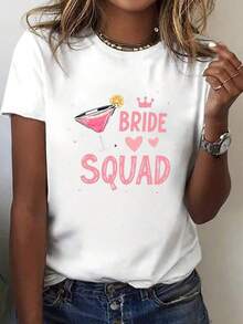 Camiseta gráfica para mujer con diseño de "Bride Squad" - Cuello redondo casual, manga corta con diseño de "I" y corona, perfecta para primavera y verano, negra con estampado rosa y blanco, camiseta de primavera-verano con estampado divertido, tela de poliéster. Blusas para mujer, playeras de mujer, vestidos casuales para mujer, camisetas deportivas estilo Y2K para mujer, camisetas de verano, ropa de mujer, moda perfecta para el uso diario. - Blanco - Ver 1