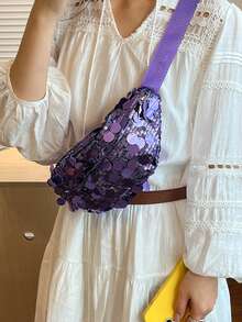 时尚镂空编织斜挎包，多功能女士编织腰包，休闲胸包，适合度假、运动、海滩，可作手机袋 - 紫色 - 查看 3