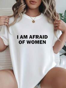 Camiseta de Mujer Oversized, Opciones en Blanco y Negro, Estampado 'I AM AFRAID OF WOMEN', Camisetas Casuales para Uso Diario, Tops de Verano, Camisetas Gráficas, Conjuntos de Verano para Mujer, Camisetas Cortas para Mujer, Tops Vintage de Algodón, Ropa Linda para Mujer, Playera Holgada para Mujer - Blanco - Ver 7