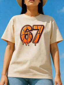 Women's Dripping Basketball Graphic Print T-Shirt Number 67, Sports Fan T-Shirt, Soft Pure Cotton, Casual Style For Game Day Or Everyday Wear, Unique Gift For Women. - 杏色 - 查看 1