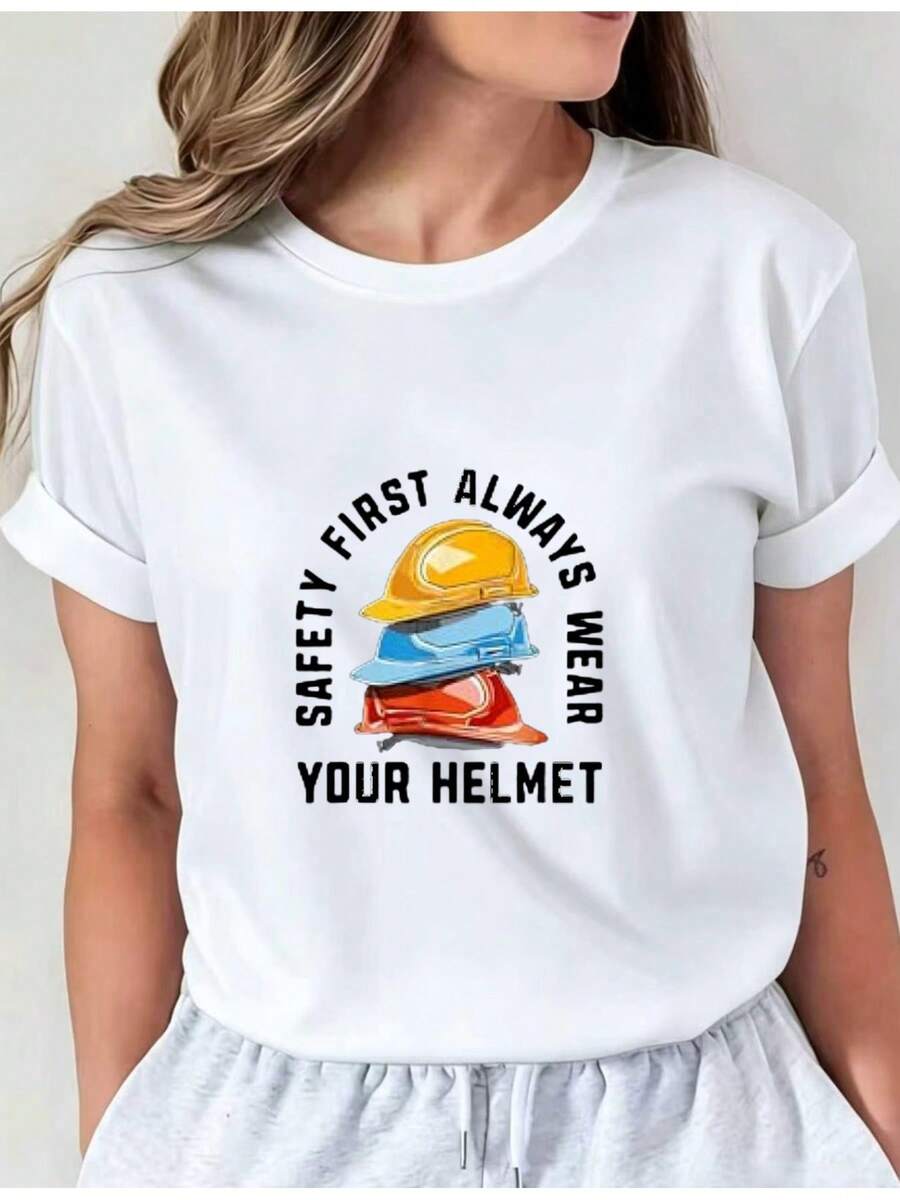 Camiseta Estampada para Mujer con Gráfico de Trabajador de Construcción en Estilo Cartoon - Camiseta Casual de Manga Corta y Cuello Redondo, con un Corte Relajado para Todas las Estaciones, Perfecta para el Uso Diario y Atuendos de Vacaciones (Lavable aáquina), Mensaje de Incluido. - Blanco - Ver 1