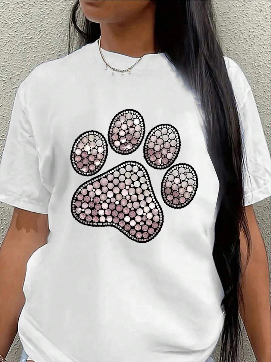 Short-Sleeved Polyester T-Shirt, Adorned With A Rhinestone Paw Print Design, Lightweight And Durable, Suitable For Lounging At Home Or Outdoor Activities, An Ideal Choice For Pet Lovers In The Living Room Or At The Park. Casual Women's Blouse - 白色 - 查看 1