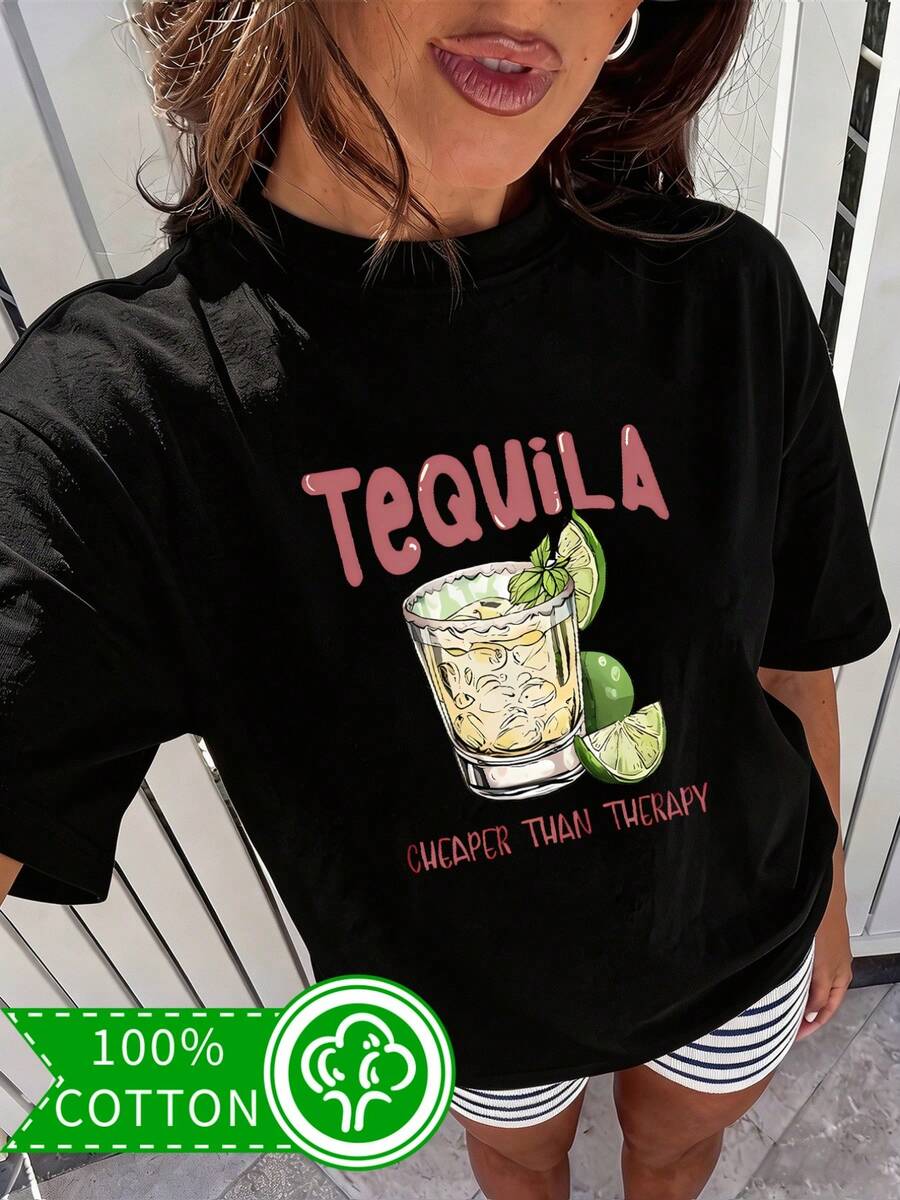 Women's Pure Cotton T-Shirt With A Simple And Versatile Design Featuring A Tequila Leaf, Lime, And Mint Slogan. Fun And Cheerful, Perfect For Get-Togethers With Friends. New Casual Short-Sleeved Cotton T-Shirt For Women, Ideal For Spring/Summer. - 黑色 - 查看 1