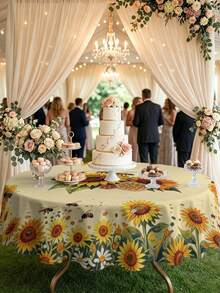 半件装桌布，向日葵蜜蜂田园风桌布，涤纶材质，方形或圆形可选，适用于厨房、餐厅、茶几、野餐、露营、乡村装饰、桌面保护、节日装饰等多种场合，温暖自然风格。 - 彩色 - 查看 5