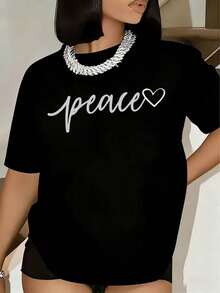 Camiseta de Mujer con Estampado de Corazón de la Paz, Manga Corta, Cuello Redondo, Corte Holgado Casual, Blusa Básica para Mujer, Blusa de Mujer, Camiseta Estilo Urbano, Camiseta Casual para Festivales y Uso Diario. - Negro - Ver 6