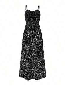 Vestido maxi de mujer para vacaciones con abertura en la cintura, con estampado floral y cinturón - Blanco y Negro - Ver 2