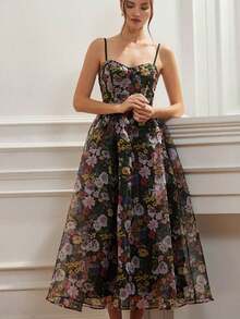 Aveloria Revavyn Vestido largo con borde de organza de estampado floral romántico y delicado, que estiliza la cintura, elegante vestido de fiesta/noche con tirantes finos para mujeres - Multicolor - Ver 4