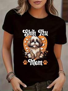 Camiseta de Mujer 1 Pieza con Estampado de Huella de Perro Shih Tzu, Camiseta de Manga Corta para Damas, Top Casual a la Moda para Amantes de Mascotas, Regalo de Cumpleaños Perfecto, Regalo de Vacaciones para Mujeres - Negro - Ver 7