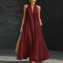 Women's Solid Casual Dress Summer 2026, Elegant Loose V-Neck Mini Midi Dress For Everyday Wear - 酒紅色 - 查看 3