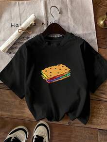 Limited Time Offer, Limited Quantities, Flash ! Women's Casual Shirts, Women's Polyester T-Shirts, Stylish Shirts. Short-Sleeve T-Shirt With A Crew Neck And  Cartoon Cookie Print. - 黑色 - 查看 9