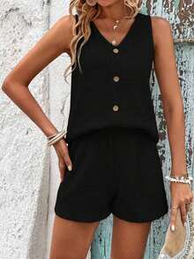 LUNE Conjunto De Camiseta Sin Mangas Y Pantalones Cortos De Color Sólido Para Mujer Con Cuello En V - Negro - Ver 7