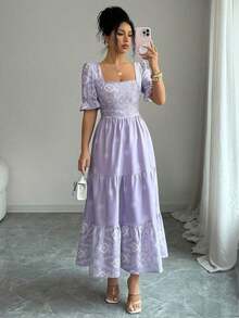 xheElenzga Vestido casual/de trabajo de manga corta con cuello cuadrado y cintura ceñida en línea A con estampado para mujerxhe - Púrpura malva - Ver 7