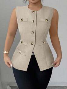 ajustado de estilo francés minimalista, versátil y cómodo con abertura frontal, adelgazante, blazer de verano para mujer de talla grande de tejido tejido elegante y sofisticado - Caqui - Ver 7