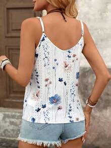 Blusa de tirantes finos con estampado floral para mujer, escote en V con botones delanteros, tela ligera y transpirable, perfecta para uso diario, salidas casuales, brunch, compras y vacaciones - Blanco - Ver 8