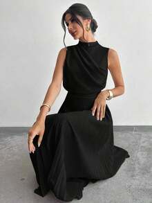 Vestido de línea A con cuello de swing sin mangas y volantes, falda paraguas, para volver al colegio, ropa escolar, fiesta, estilo de mujer de dinero antiguo, atuendos para salir, atuendos de fiesta para mujer, atuendos de oficina para mujer, fald - Negro - Ver 1