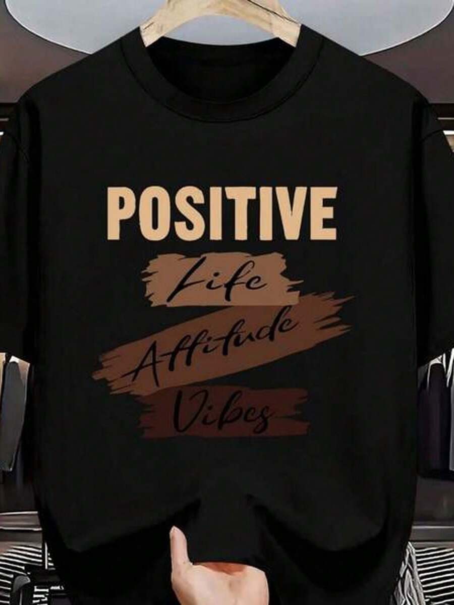 Camiseta Estampada de Energía Positiva para Hombre - Negra, Casual, de Verano, Manga Corta, Diseño Motivacional, Tela Suave, Cuello Redondo, Lavable a Máquina - Negro - Ver 1