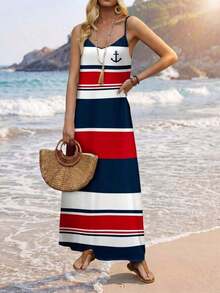 Vestido casual largo de punto elástico para mujer, cómodo y de moda para primavera/verano, vacaciones, adecuado para verano, vacaciones, con estampado vintage de flores, hojas y tropical - Multicolor - Ver 3