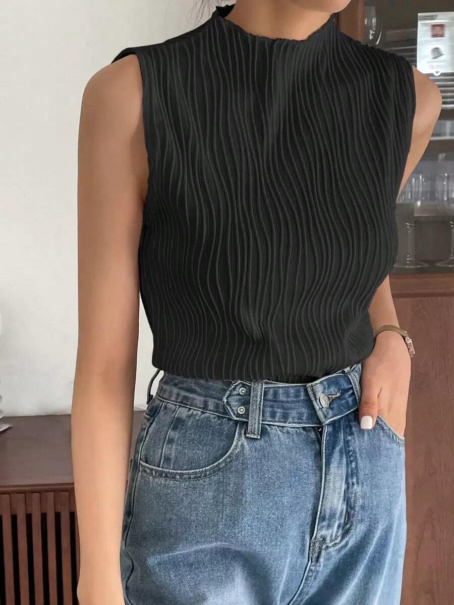 Blusas de tirantes de cuello alto de verano de tela con textura uniforme, casuales pero elegantes - Negro - Ver 1