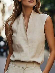 Camiseta sin mangas casual/de trabajo para mujer, estilo europeo y americano, ropa de ocio elegante en beige, azul, rosa, verde para el verano - Albaricoque - Ver 3