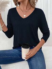 Camiseta de manga larga con cuello en V regular y estilo minimalista casual, adecuada para otoño/invierno - Azul marino - Ver 5