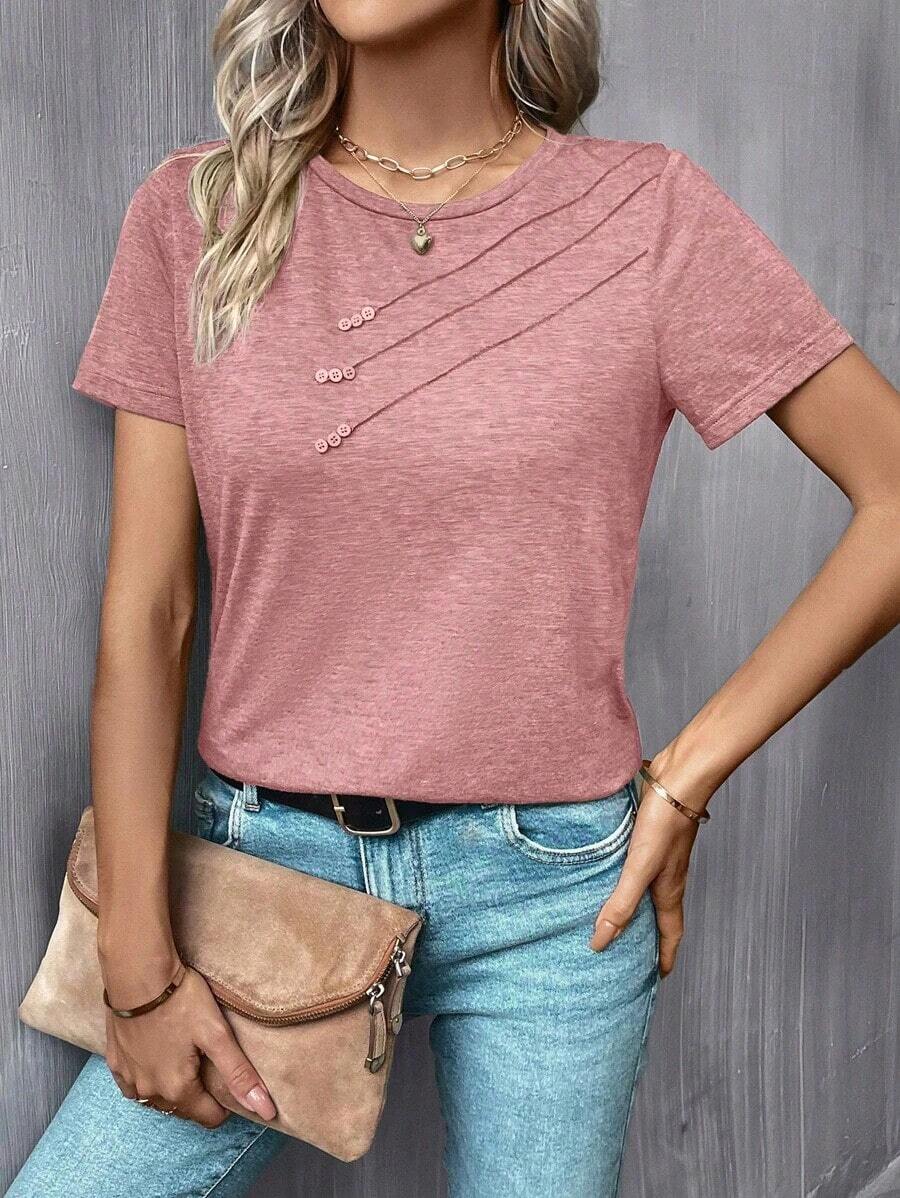Camiseta casual de mujer con cuello redondo y detalle de botones - Rosa vieja - Ver 1