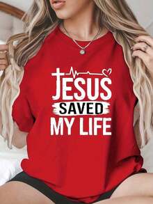 Camiseta de algodón de estilo casual para mujer, ropa de talla para mujer, camiseta con estampado de Jesús me salvó la vida, top casual de manga corta y cuello redondo para primavera/verano, ropa de talla moderna para mujer. Estilo versátil adecuado para el verano. - Rojo - Ver 1