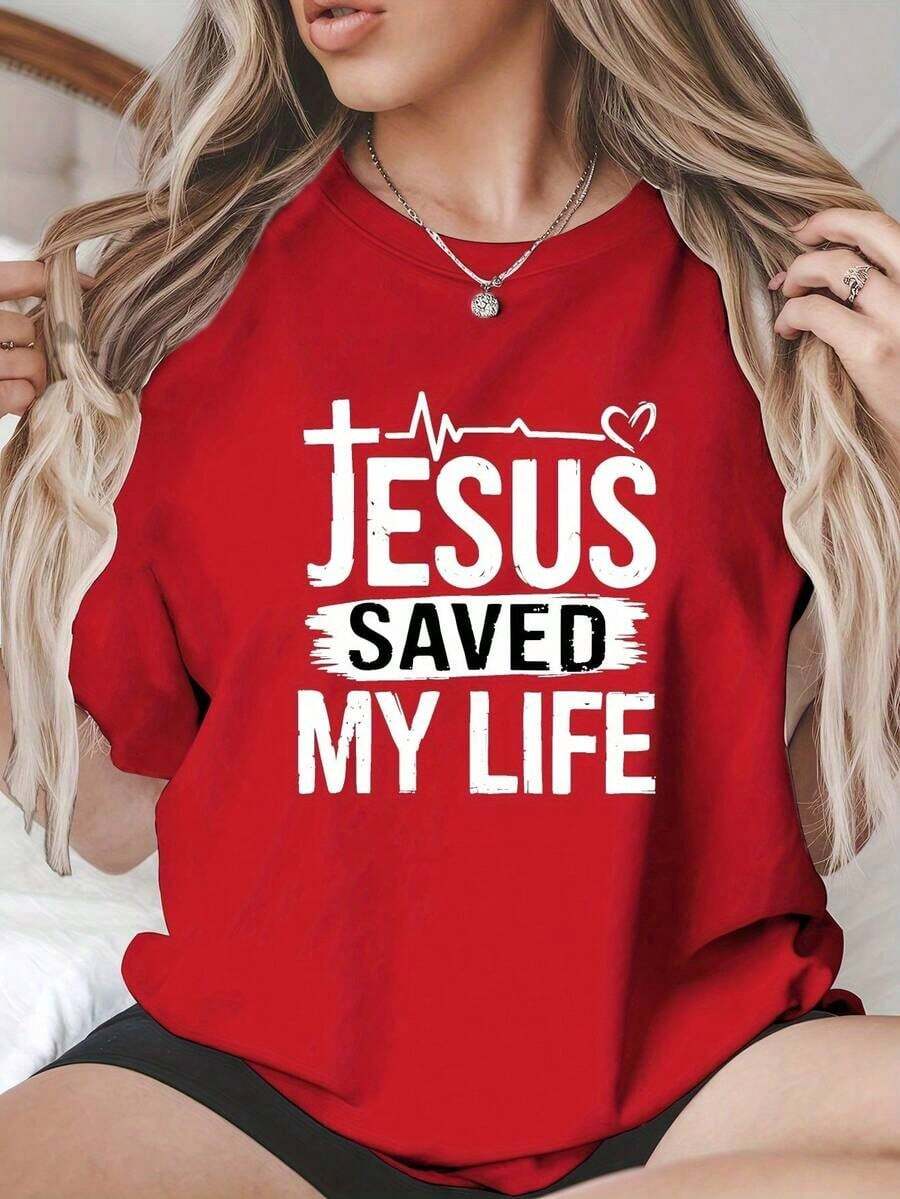 Camiseta de algodón de estilo casual para mujer, ropa de talla para mujer, camiseta con estampado de Jesús me salvó la vida, top casual de manga corta y cuello redondo para primavera/verano, ropa de talla moderna para mujer. Estilo versátil adecuado para el verano. - Rojo - Ver 1