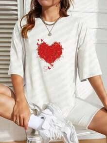 1 Pc Women's Saffron Heart Butterfly Print Shirt, Spring And Summer Casual Loose Round Neck Short Sleeve, 180g 100% Cotton. The Patterns Are All Printed. Unisex. - 白色的 - 查看 7