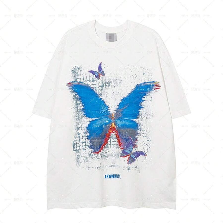 100% Pure Cotton Short-Sleeved T-Shirt, European And American Chic Style, With Butterfly Print, For Men And Women, New Summer Collection. - 黑色 - 查看 1